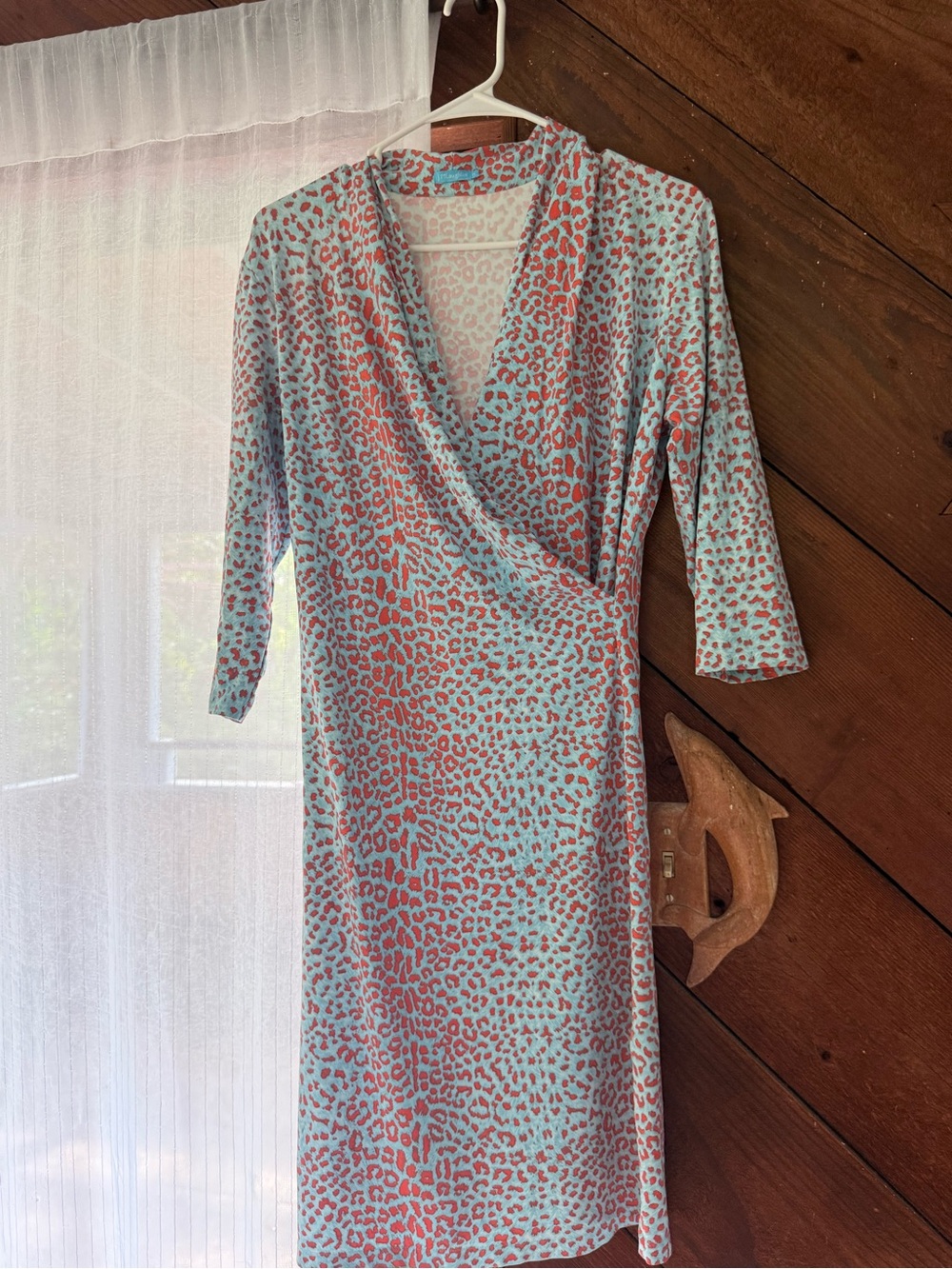 Wrap Dress in Light Blue with Coral Leopard Print